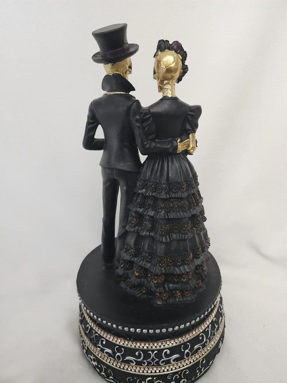 Elegant Black & Gold Skeleton Bride and Groom Figurine - Rotating and Sound